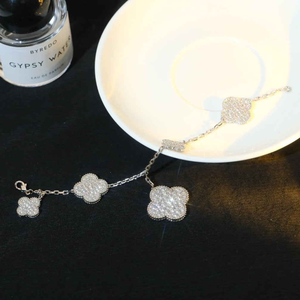 [Mystic]CLOVER BRACELET 5 MOTIF SILVER DIAMOND PAVED-w